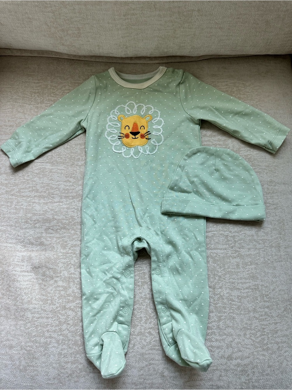 Mint Green Lion Appliqué Baby One-Piece with Hat